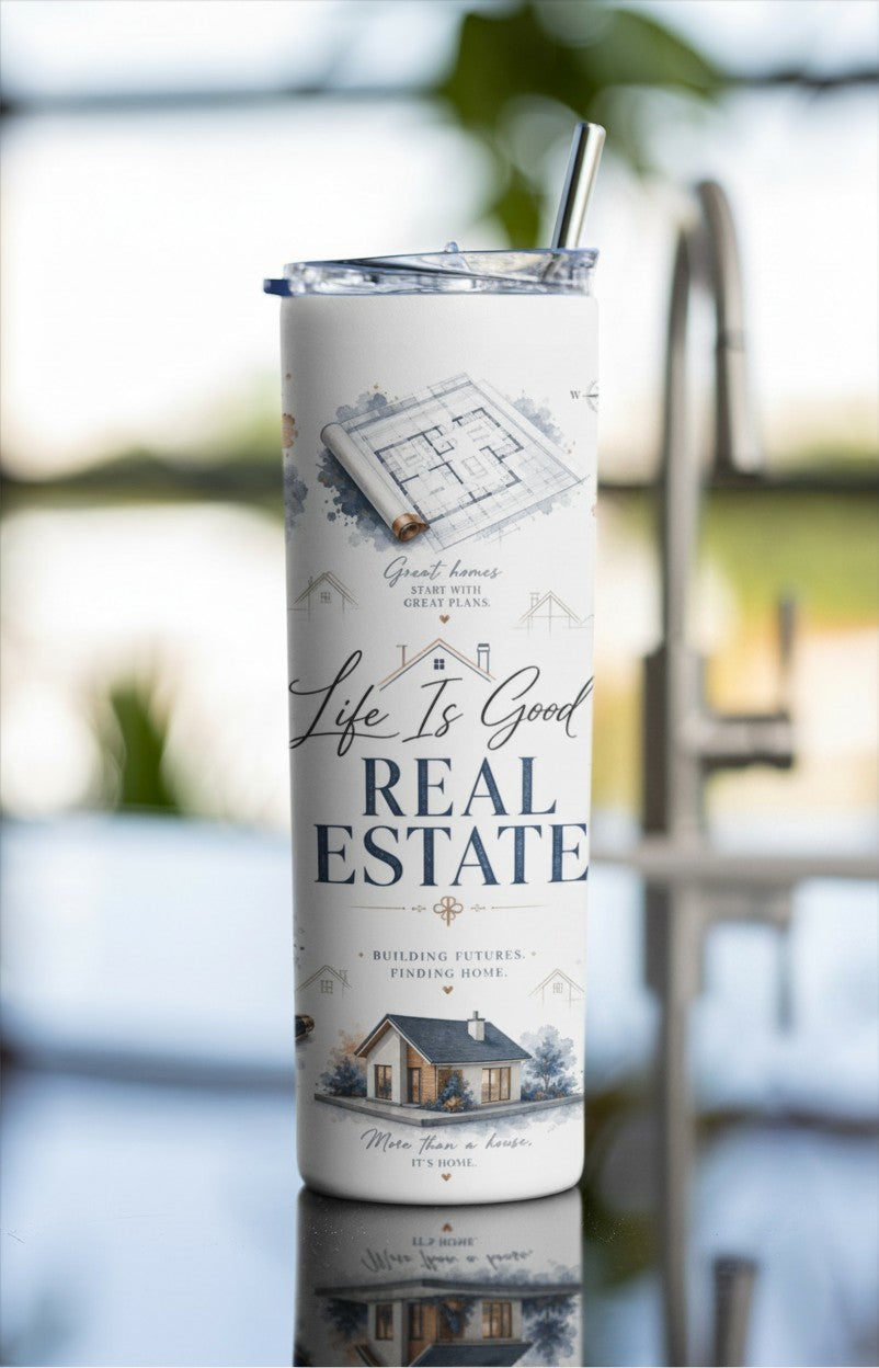 Luxury real estate tumbler shown with sophisticated navy gold and neutral Realtor artwork | Kintoir