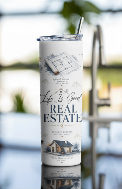 Luxury real estate tumbler shown with sophisticated navy gold and neutral Realtor artwork | Kintoir