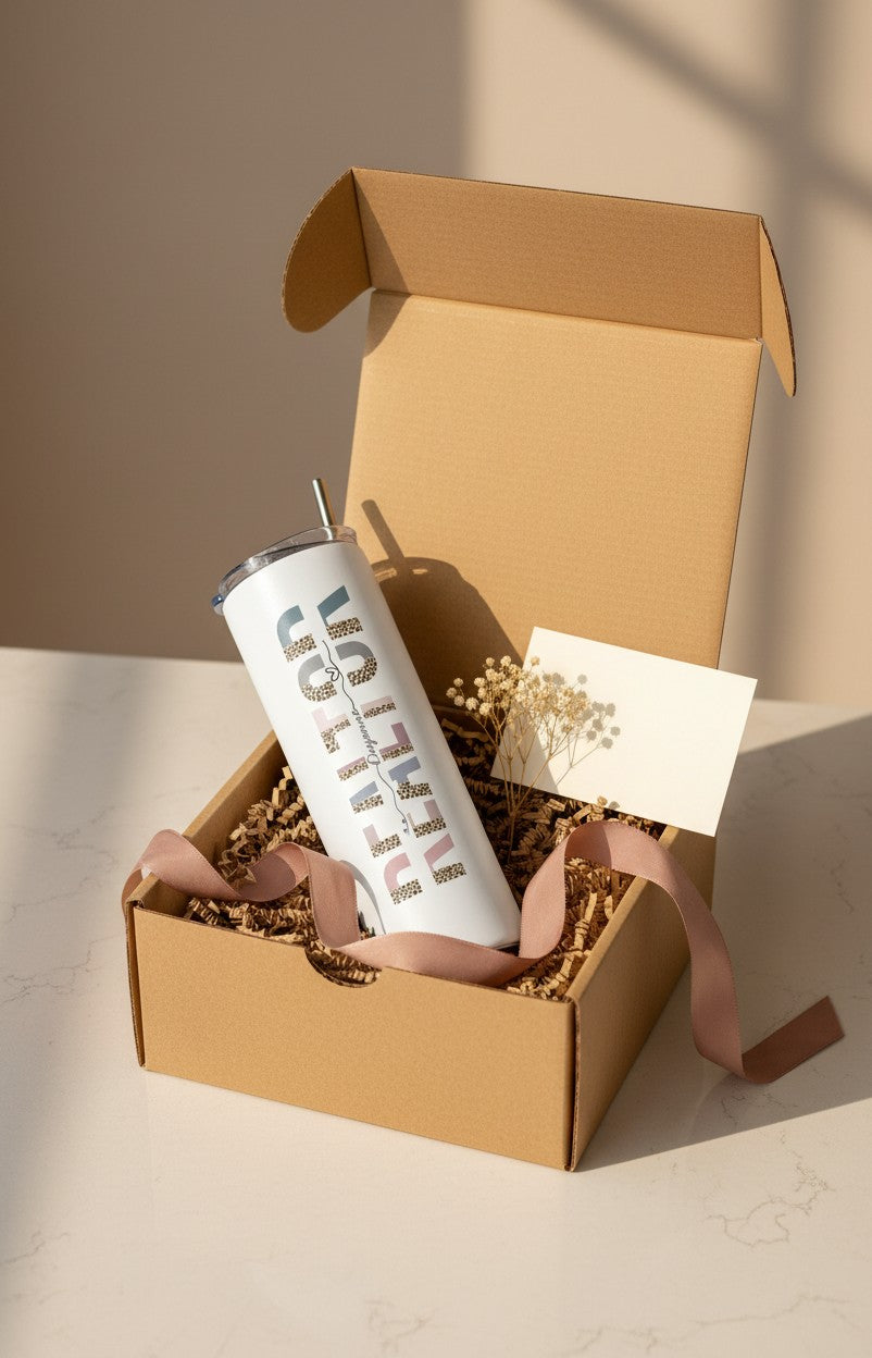 Kintoir 20 oz stainless steel tumbler with real estate themed print in a gift box with ribbon and note card