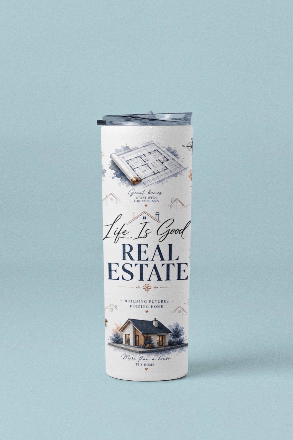 Close-up of navy and gold sublimated design on Luxury Real Estate 20 oz tumbler | Kintoir