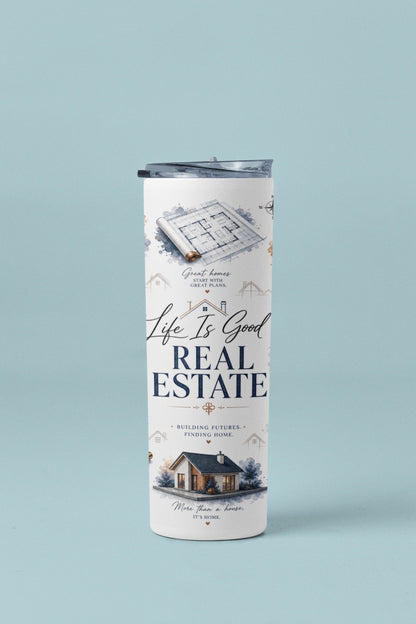 Close-up of navy and gold sublimated design on Luxury Real Estate 20 oz tumbler | Kintoir