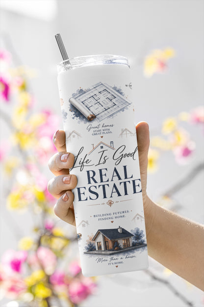 Side view of Luxury Real Estate 20 oz tumbler with permanent sublimated artwork | Kintoir