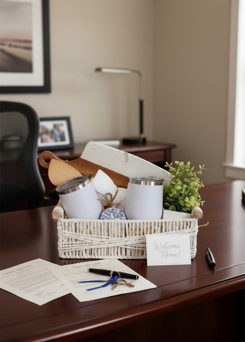 Modern Home Celebration ready-to-gift closing basket with wine tumblers, cutting board, and home accents.