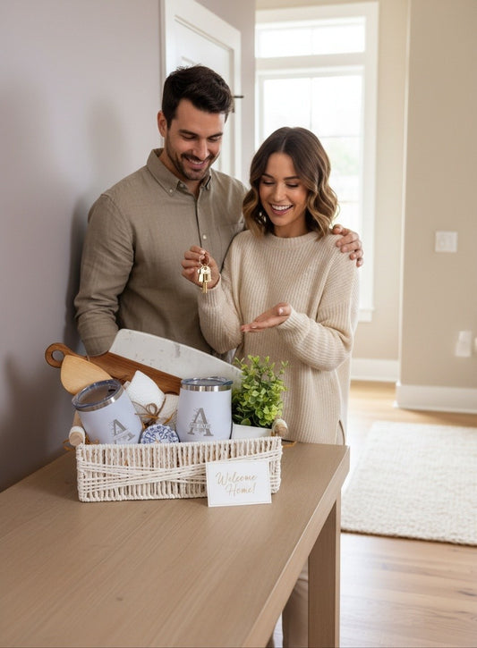 Kintoir realtor closing gift basket with personalized tumblers and cutting board held by a happy couple with new keys.