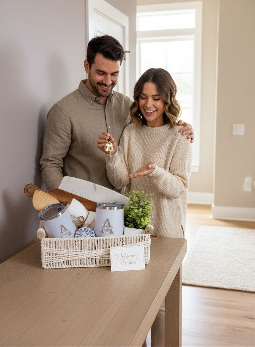 Settle In Style personalized Realtor closing gift basket with couple celebrating in their new home