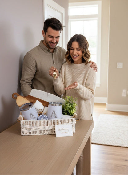 Settle In Style personalized Realtor closing gift basket with couple celebrating in their new home