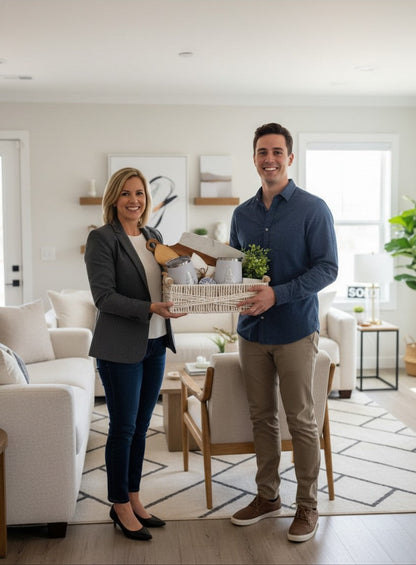 Realtor presenting a personalized closing gift basket to a new homeowner