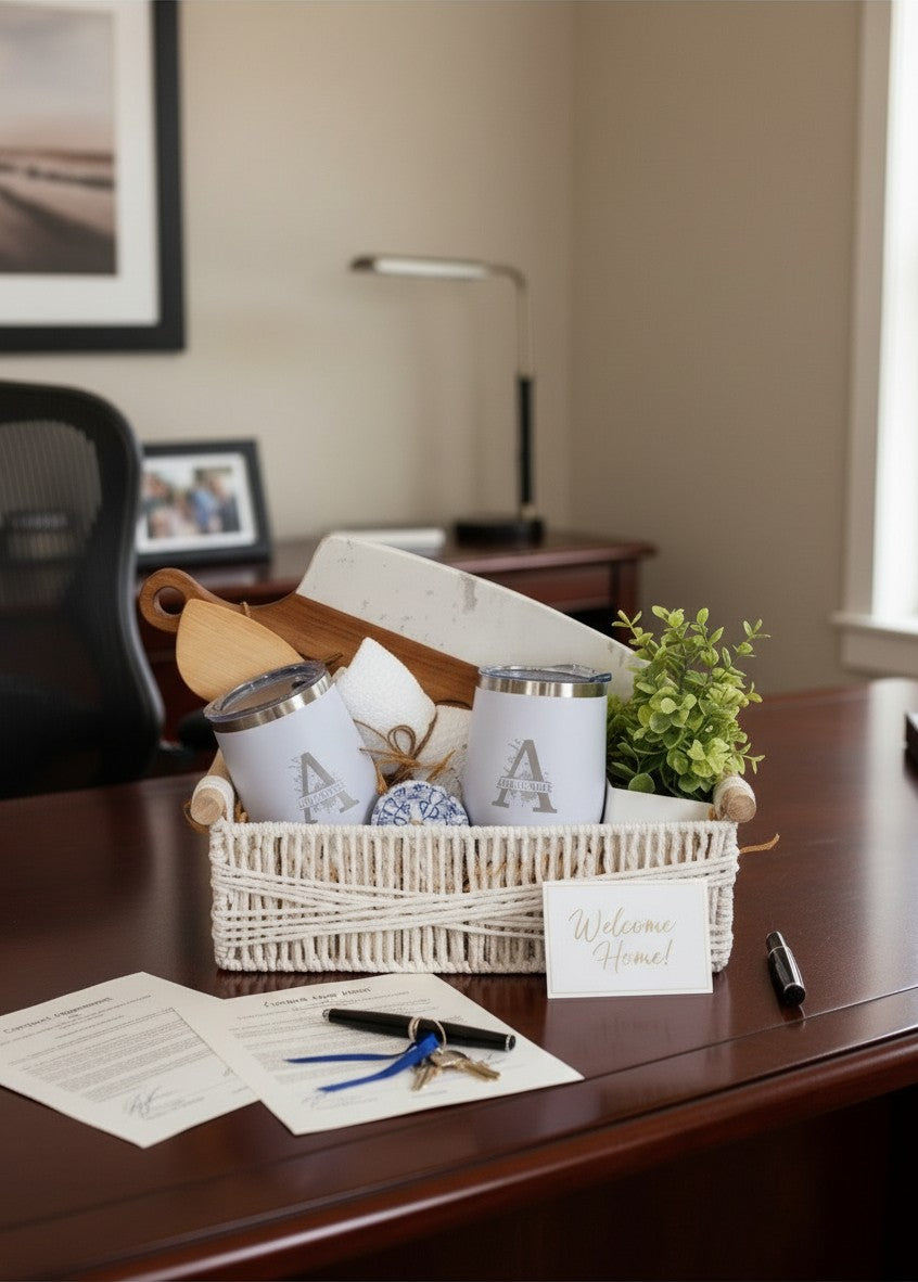 Personalized closing gift basket displayed on a desk for Realtor client appreciation
