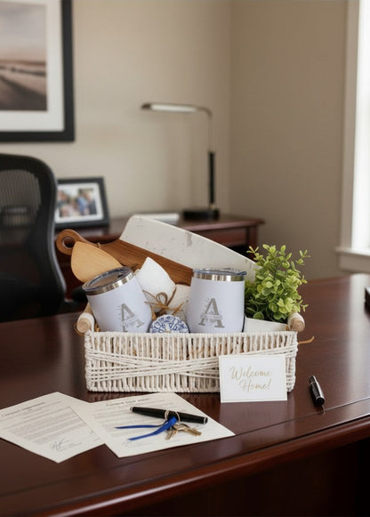 Personalized closing gift basket displayed on a desk for Realtor client appreciation