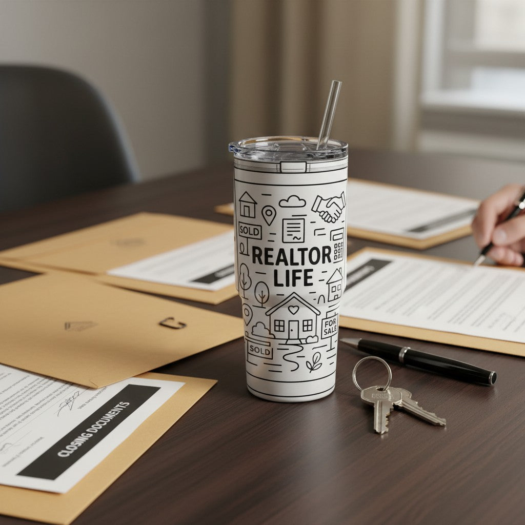 Kintoir custom white tumbler with Realtor Life laser engraving on a desk with real estate closing documents.