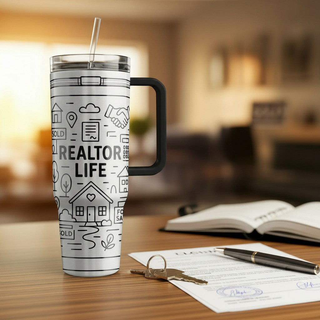 Realtor Life insulated tumbler with laser engraving, lid and straw on a real estate desk | Kintoir