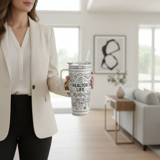 Realtor Life laser-engraved tumbler held by a real estate professional | Kintoir