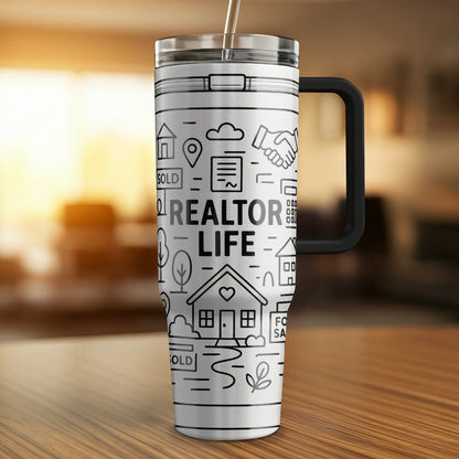 Realtor Life engraved stainless steel tumbler with real estate icons and handle | Kintoir