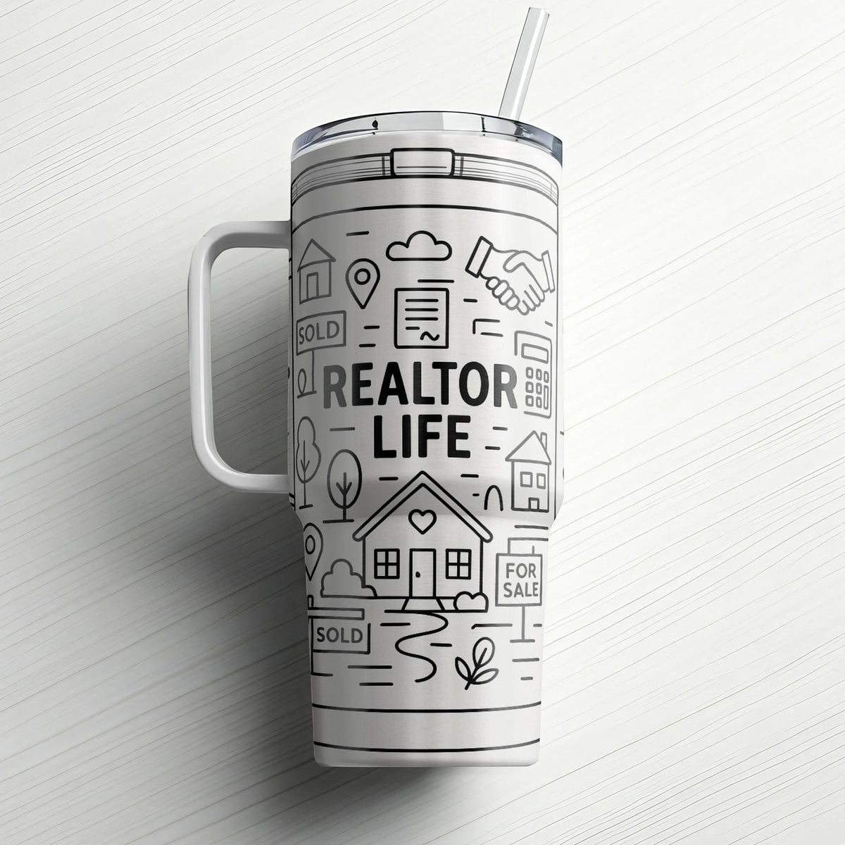 White Realtor Life laser-engraved tumbler with real estate design and insulated construction | Kintoir