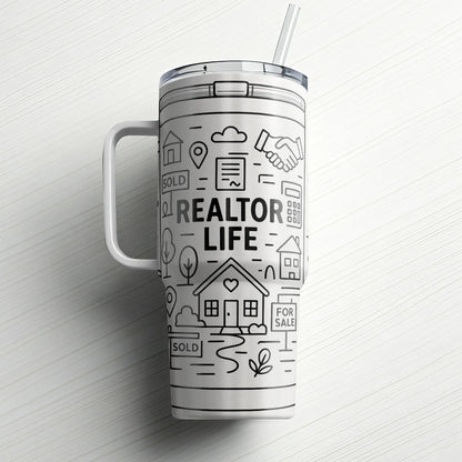 White Realtor Life laser-engraved tumbler with real estate design and insulated construction | Kintoir