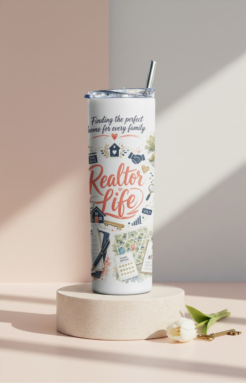 Ready-to-gift Home & Dreams 20 oz Realtor tumbler displayed upright | Kintoir