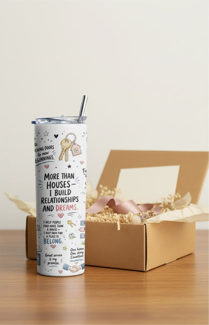 Kintoir 20 oz stainless steel tumbler with real estate themed illustrations and quotes, includes lid and straw.