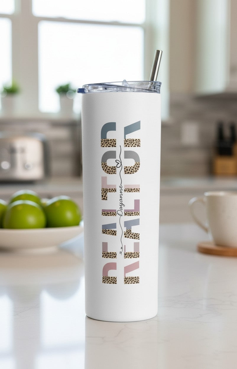 Custom name Realtor 20 oz stainless steel tumbler with real estate artwork | Kintoir