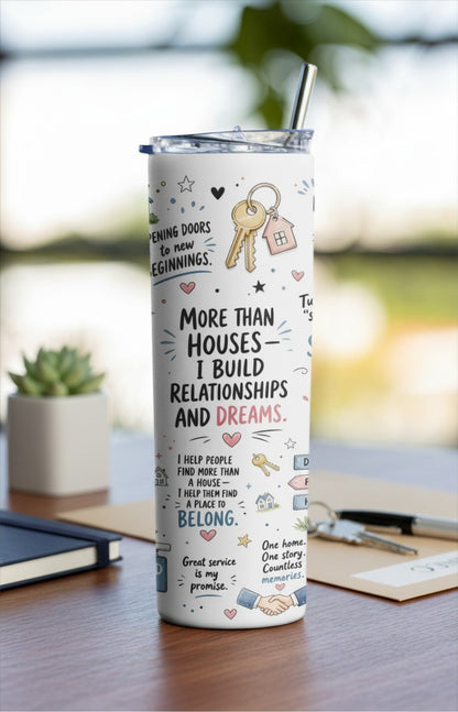 Kintoir 20 oz stainless steel tumbler with realtor-themed illustrations, quotes, and a reusable metal straw.
