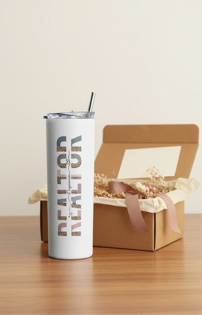 Personalized Realtor tumbler displayed with colorful Real Estate Agent Life artwork | Kintoir