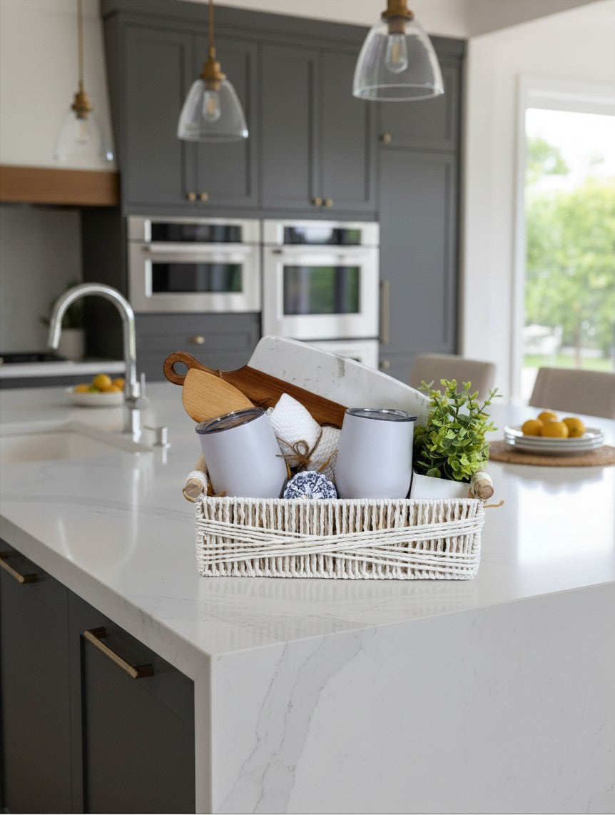 Modern Home Celebration housewarming gift basket with wine tumblers, cutting board, and faux plant on a modern kitchen island.