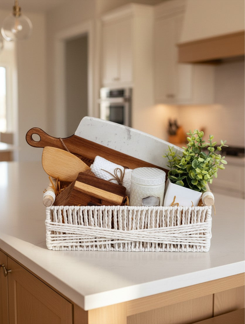 Warm neutral client closing gift basket ready for gifting