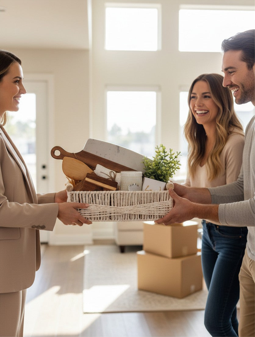 Woman presenting Warm Welcome closing gift basket for real estate clients