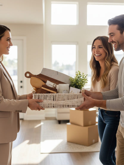 Woman presenting Warm Welcome closing gift basket for real estate clients