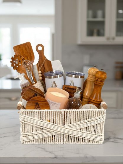 Welcome Home Luxe personalized closing gift basket with tumblers, cutting board, kitchen essentials and home accents
