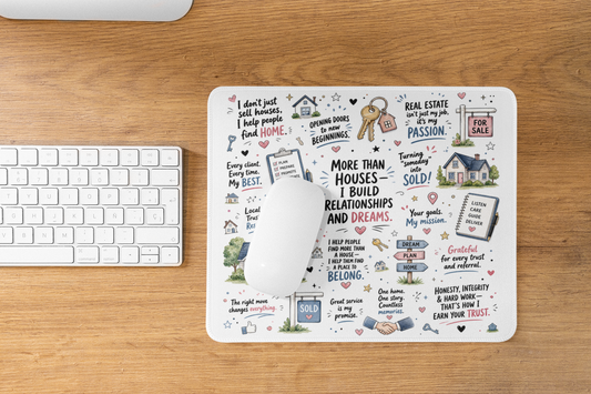 Real estate mouse pad displayed on a wooden office desk
