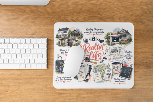 Realtor Life real estate mouse pad with watercolor homes and office icons on a wooden desk