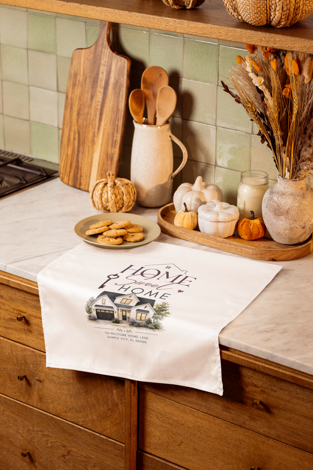 Custom watercolor home portrait kitchen towel presented as a personalized Realtor closing gift | Kintoir