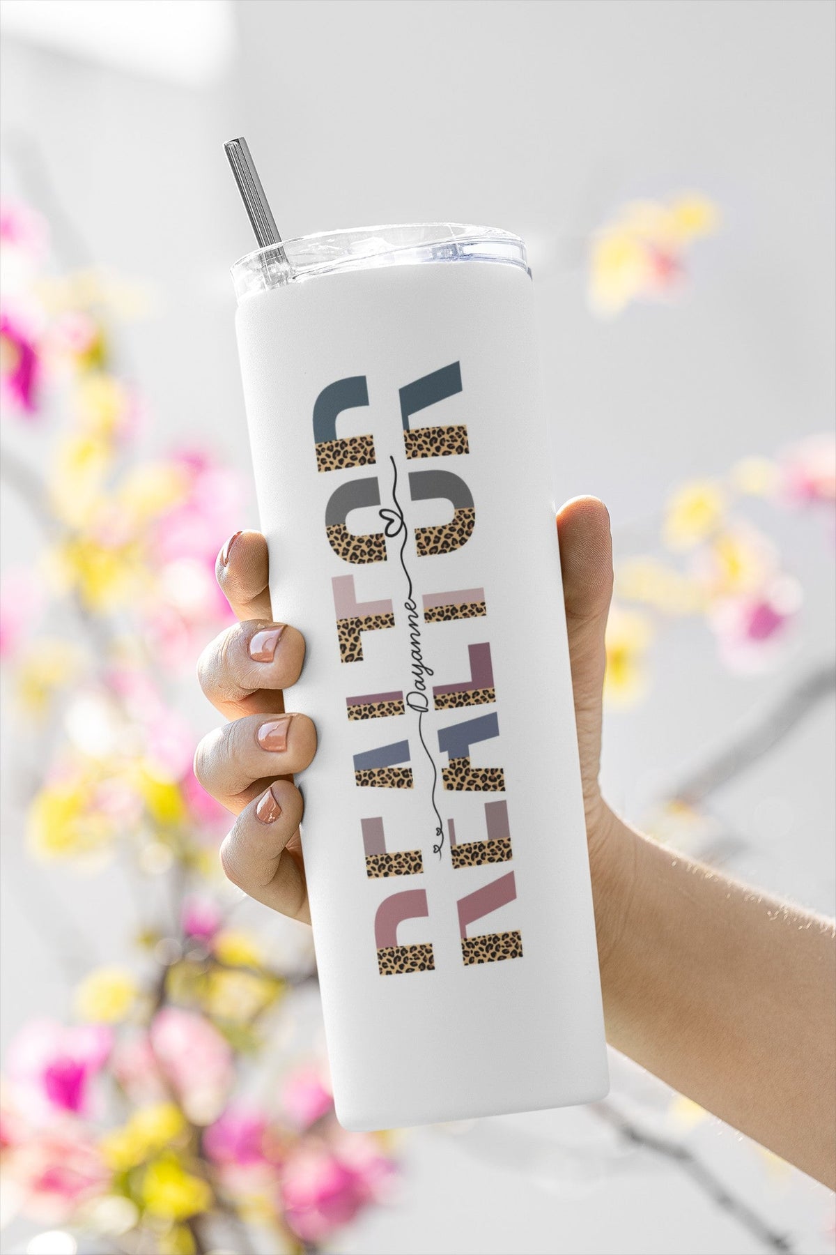 Personalized Realtor 20 oz tumbler with custom agent name and colorful real estate design | Kintoir