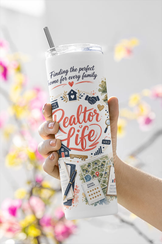 Home & Dreams Realtor 20 oz stainless steel tumbler with colorful real estate design | Kintoir