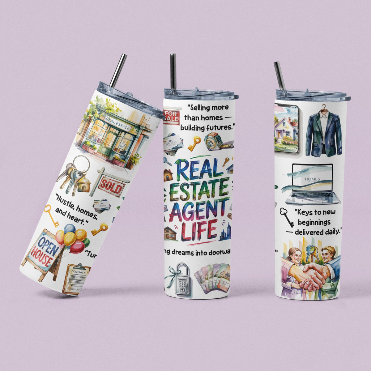 Front and back views of a colorful Real Estate Agent Life stainless steel tumbler