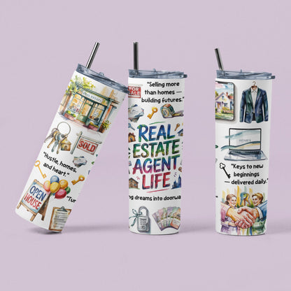 Front and back views of a colorful Real Estate Agent Life stainless steel tumbler
