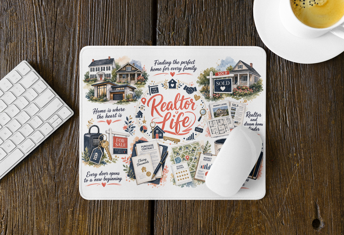 Colorful Realtor Life mouse pad displayed beside a keyboard and computer mouse