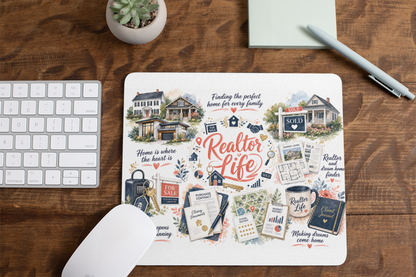 Close-up of Realtor Life mouse pad with houses, sold signs and real estate artwork