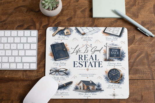 Luxury real estate mouse pad with navy and neutral watercolor artwork on a wooden desk