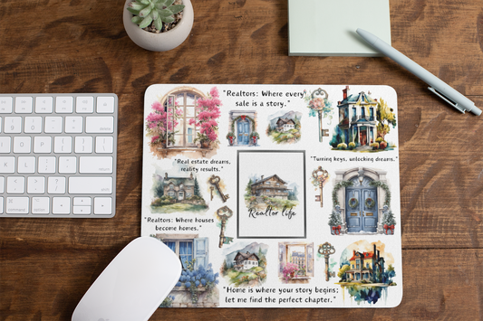 Every Home Has a Story real estate mouse pad with watercolor houses and keys on a wooden desk