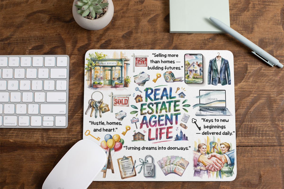 Real Estate Agent Life mouse pad with colorful homes and motivational artwork on a wooden desk
