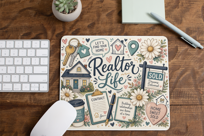 Floral Realtor Life mouse pad with navy, sage and blush real estate artwork on a wooden desk