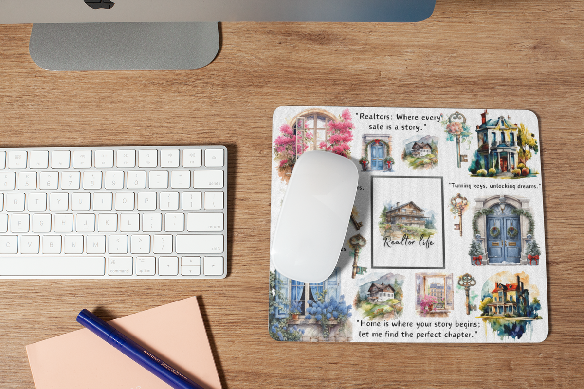 Whimsical real estate agent mouse pad displayed beside a keyboard and computer mouse