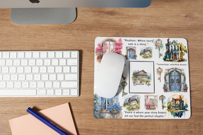 Whimsical real estate agent mouse pad displayed beside a keyboard and computer mouse