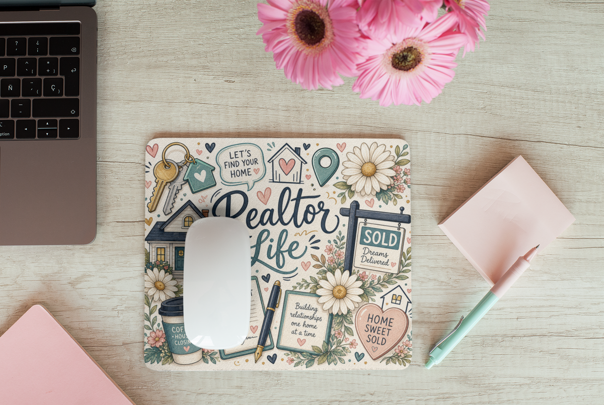 Floral Realtor Life desk mouse pad styled with flowers and office accessories