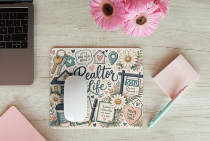 Floral Realtor Life desk mouse pad styled with flowers and office accessories