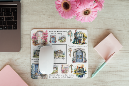 Colorful watercolor house and key mouse pad styled with flowers and office accessories