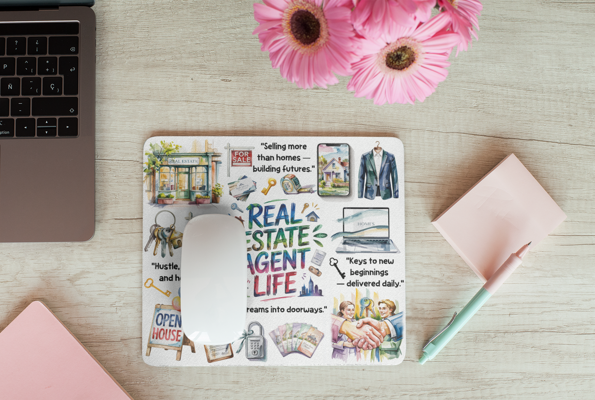 Real Estate Agent Life mouse pad styled with flowers and modern office accessories