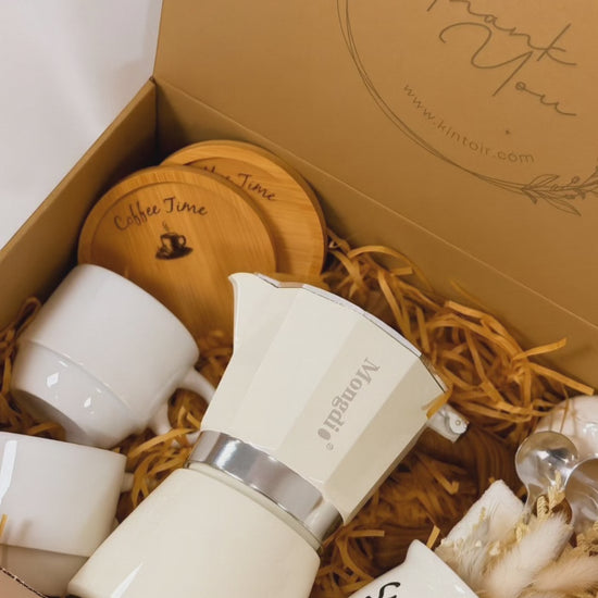 Elegant Espresso coffee gift box with stovetop espresso maker and coffee accessories