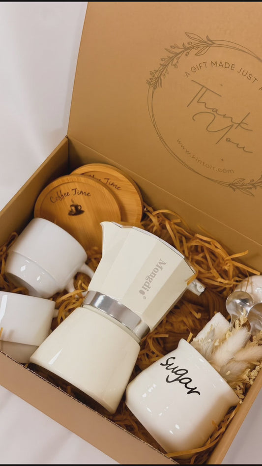 Elegant Espresso coffee gift box with stovetop espresso maker and coffee accessories